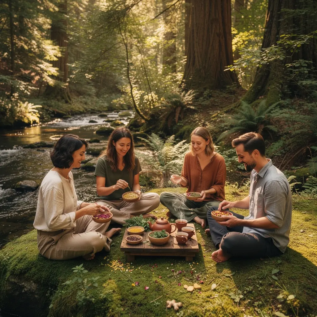 Pohár s bylinkovým čajom obklopený sušenými kvetmi
