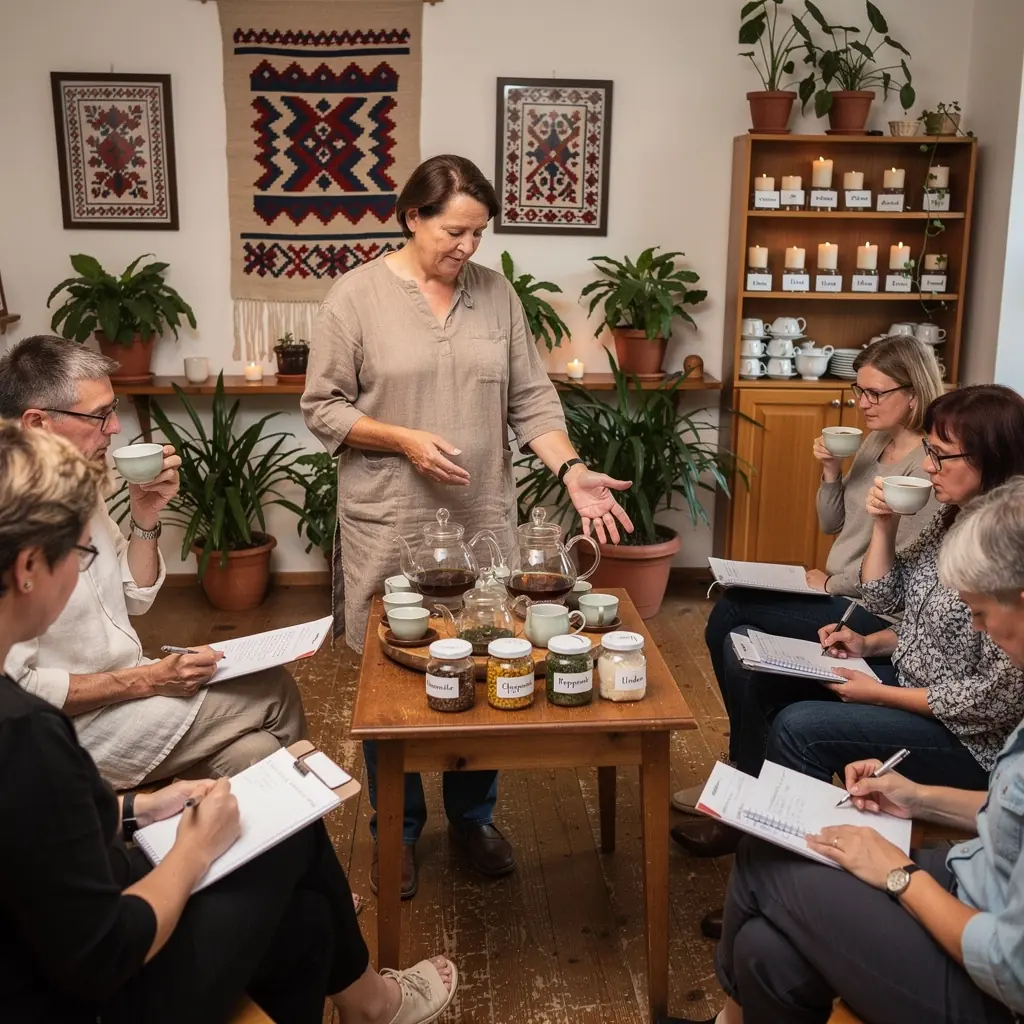 Zelené bylinky rozložené na doske s čajovými šálkami