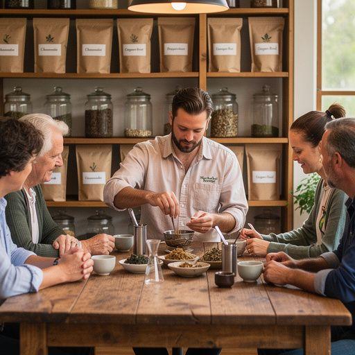 Záber na čajové lístky a bylinky rozložené na drevenom stole.